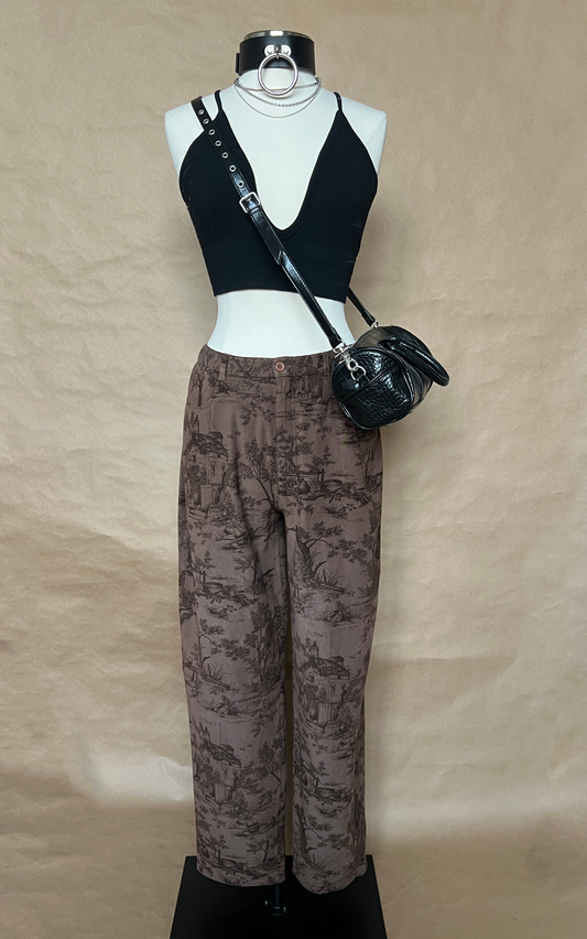 Brown Motif Print Pants